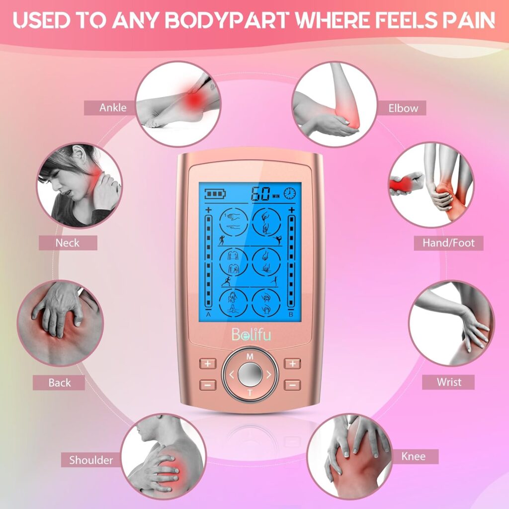 Belifu TENS Unit PMS Massager 24 Modes Muscle Stimulator for Pain Relief Therapy, Electronic Tens Machine Muscle Relaxer Sciatica Pain Relief Devices, for Neck Back Arms Chronic Pain Relief